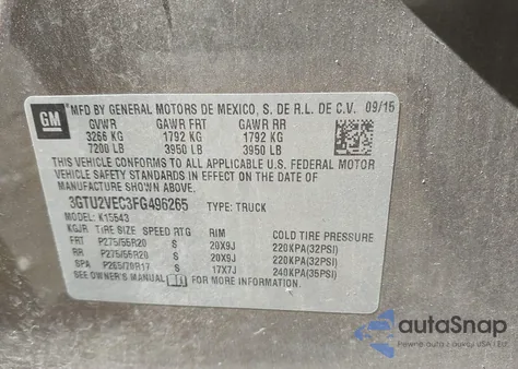 2015 GMC Sierra 1500 Slt z USA, uszkodzony, nr VIN 3GTU2VEC3FG496265